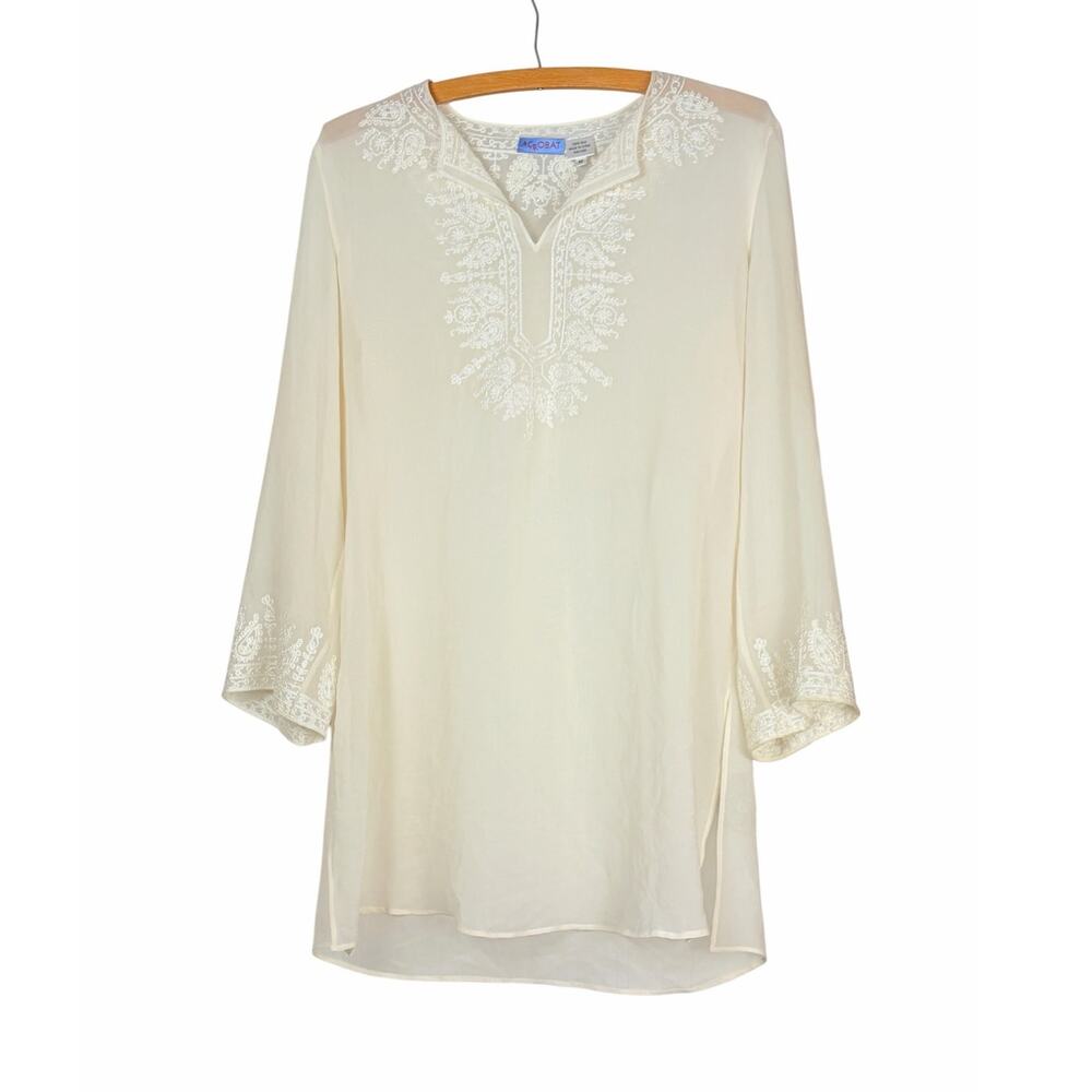 Acrobat Cream White Silk Embroidered Sheer Tunic Top Size M